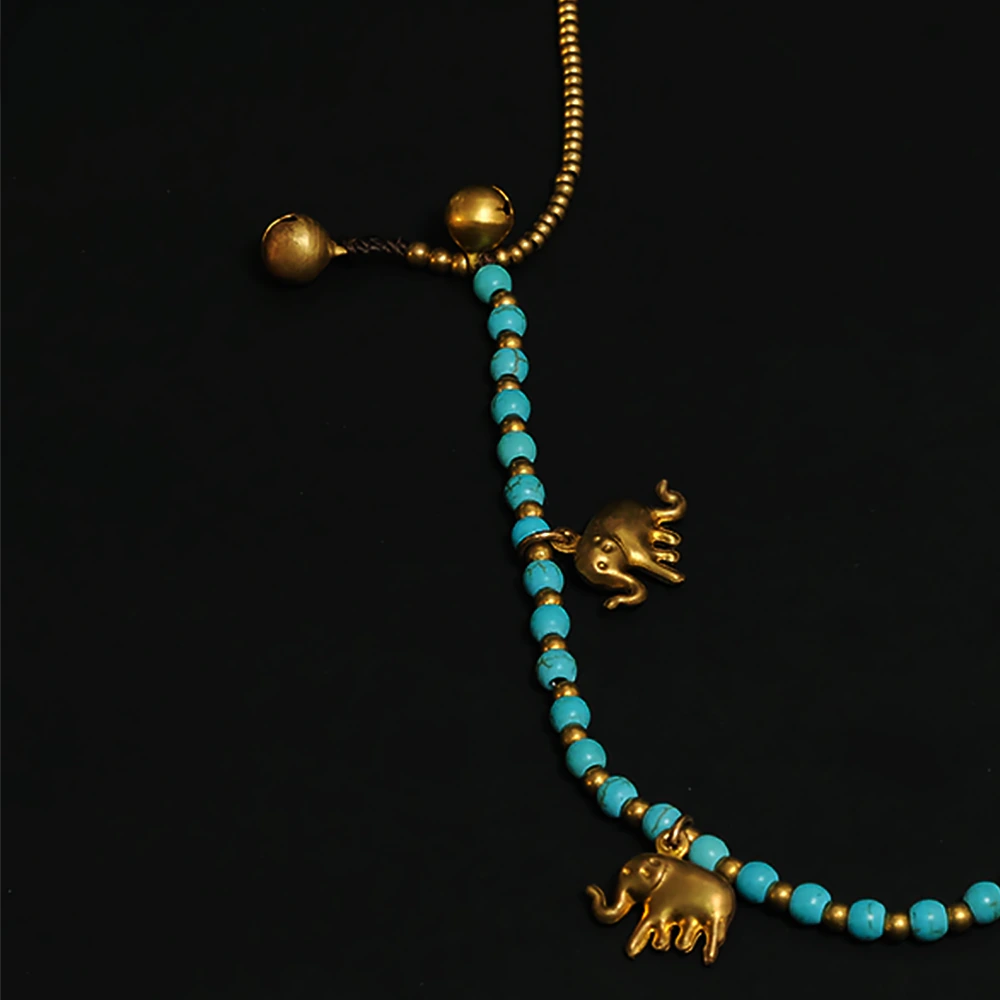 Golden Elephant Spirit Bracelet – Tobillera Artesanal con Elefantes Dorados y Cuentas Turquesa Ajustable Amuleto de Buena Suerte C8-01