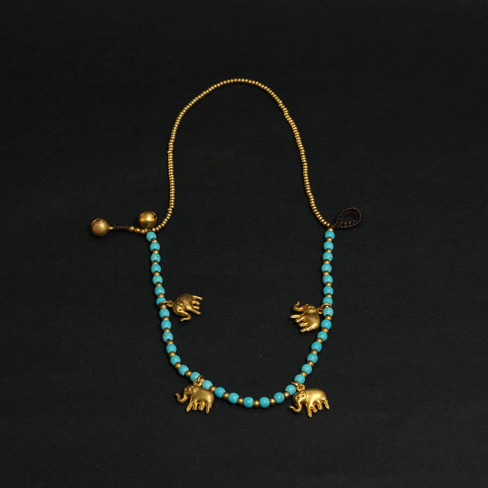 Golden Elephant Spirit Bracelet – Tobillera Artesanal con Elefantes Dorados y Cuentas Turquesa Ajustable Amuleto de Buena Suerte C8-01