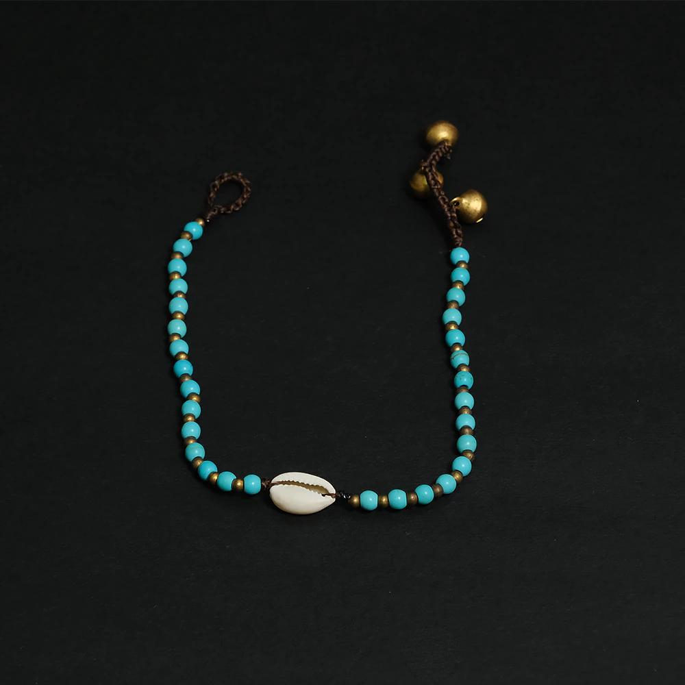 Ocean Whisper Luxe Bracelet – Tobillera Turquesa con Concha Natural Ajustable Estilo Boho C8-07