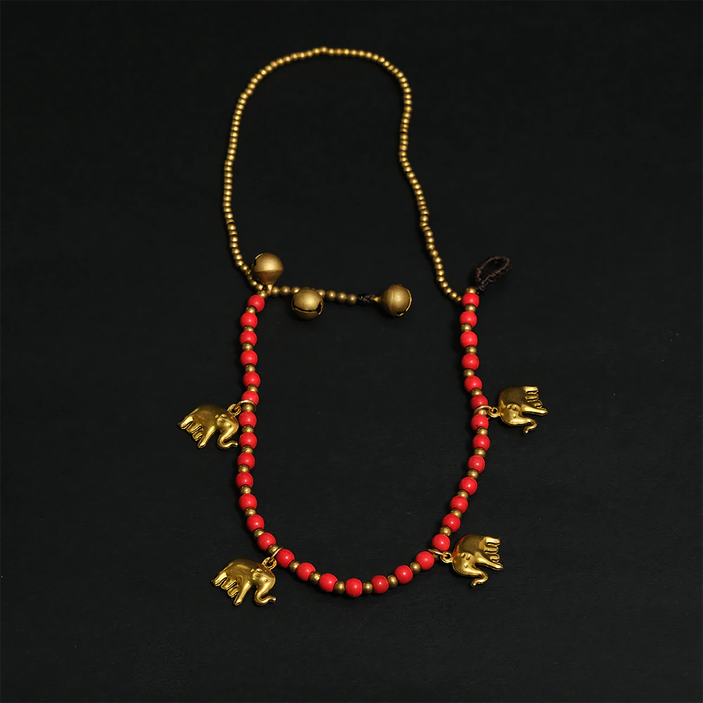 Royal Elephant Charm Bracelet – Tobillera Roja con Dijes de Elefante Dorado Ajustable Estilo Boho C8-10
