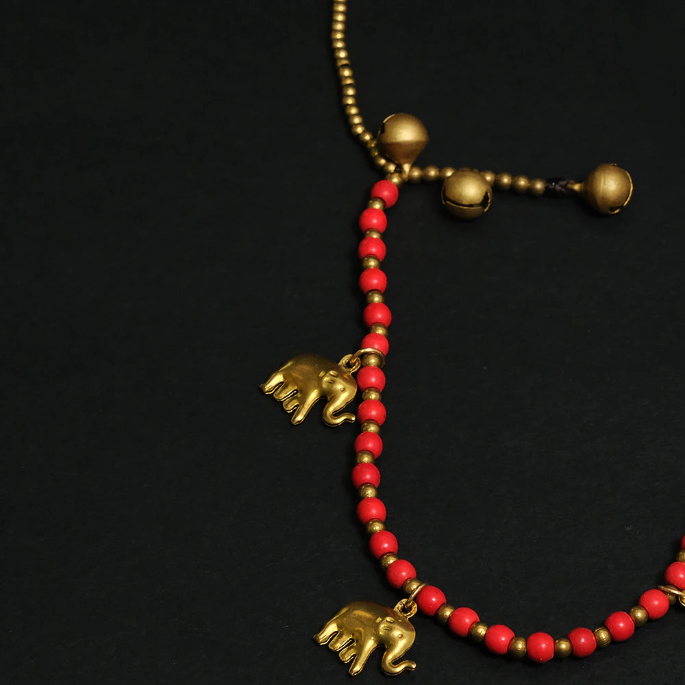 Royal Elephant Charm Bracelet – Tobillera Roja con Dijes de Elefante Dorado Ajustable Estilo Boho C8-10