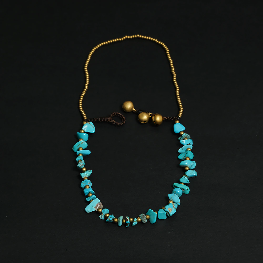 Turquoise Aura Stone Bracelet –  Tobillera Azul Turquesa de Piedra Natural Ajustable con Detalles Dorados Estilo Boho C8-12