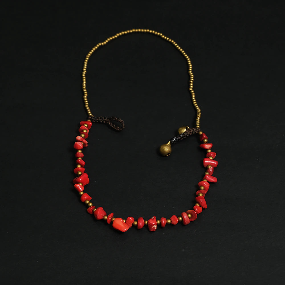 Crimson Flame Coral Bracelet – Tobillera Roja de Piedra Natural Ajustable Estilo Boho con Detalles Dorados C8-15