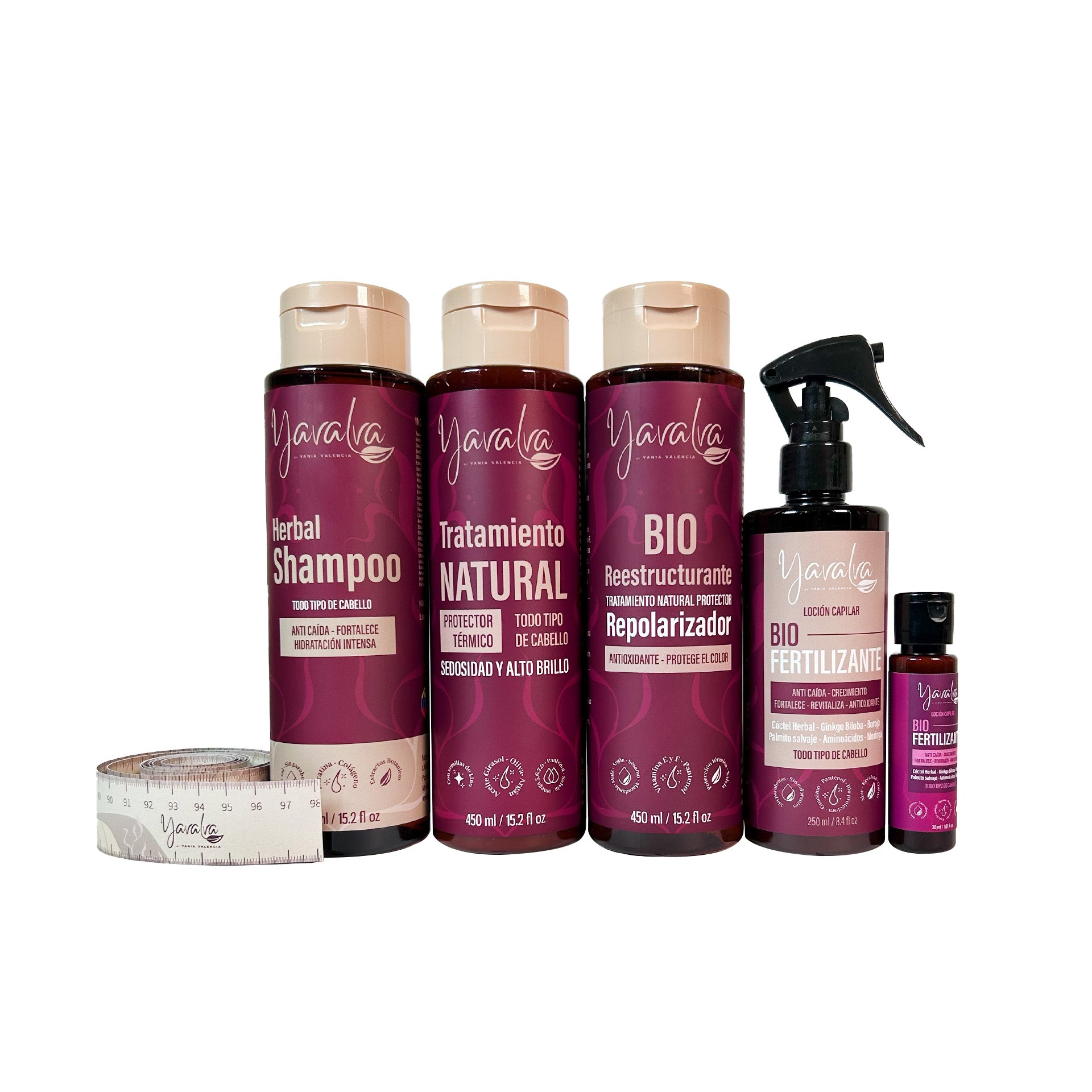 Yavalva Shampoo Herbal, Yavalva Tratamiento Natural, Yavalva Bio Reestructurante y Yavalva Bio Fertilizante + Metro. - Yavalva Kit Método 3x3 Clásico para Todo Tipo de Cabello (5 Pack)