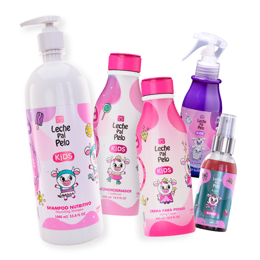 Leche Pal Pelo Kit MegaKids, Shampoo Nutritivo 1 Litro, Acondicionador 440mL, Crema Para Peinar 440mL, Splash Sweet y Spray Desenredante Kids (5 Pack) Fulfillment
