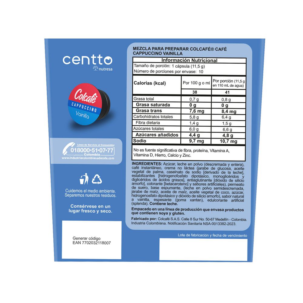 Colcafe vanilla coffee centto x10uni x11.5gr each
