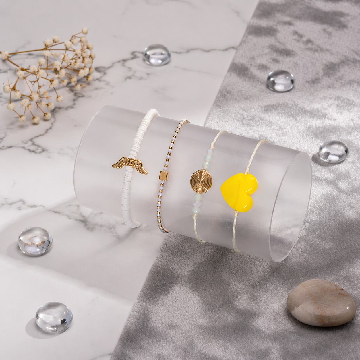 Set de Aretes y pulcera Perla corazon amarillo H9-07