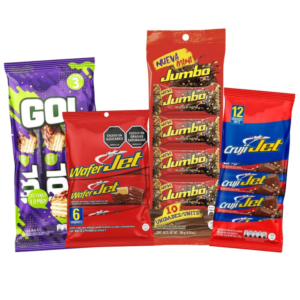 Chocolatina Gol, Chocolatina Jumbo Mini, Galleta Wafer Jet, Chocolatina Cruji Jet (4 Pack) Snacks Colombianos