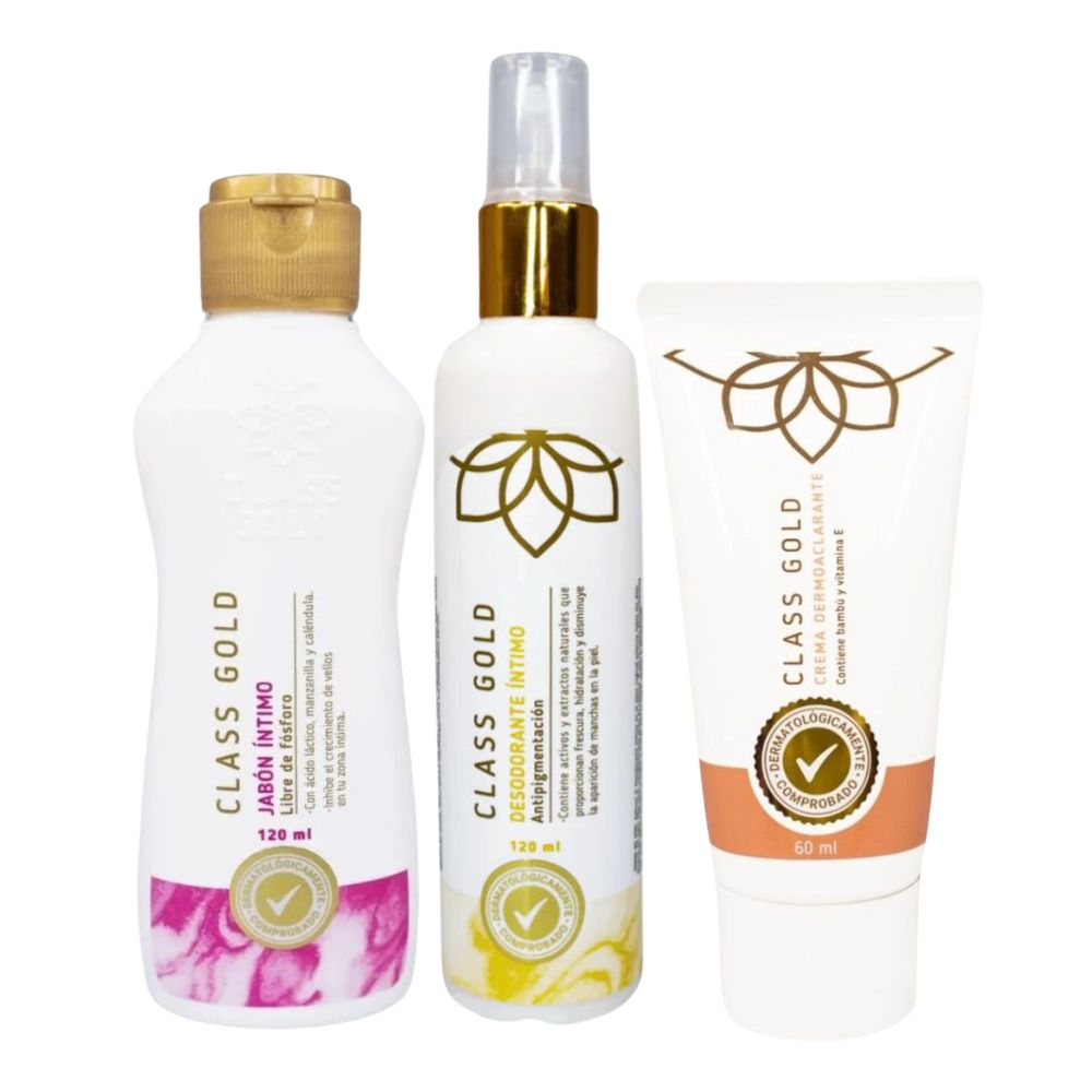 Class gold jabon intimo x 120ml, Class gold crema dermoaclarante 60mL, Class gold desodorante intimo amarillo x 120. (3 pack)