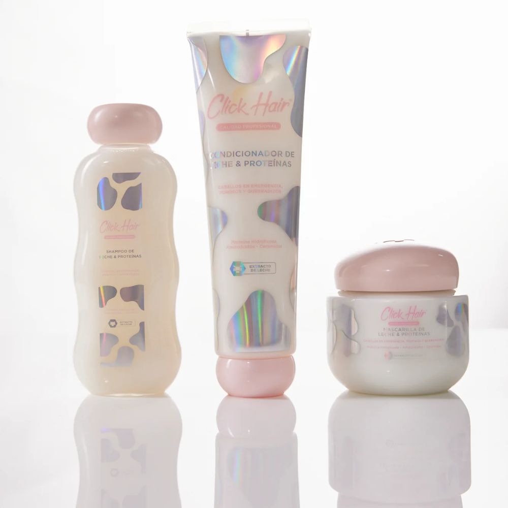 Click Hair Kit Capilar Rescate Total  Leche y Proteinas - Shampoo, Acondicionador, Mascarilla y Booster (4 pack)
