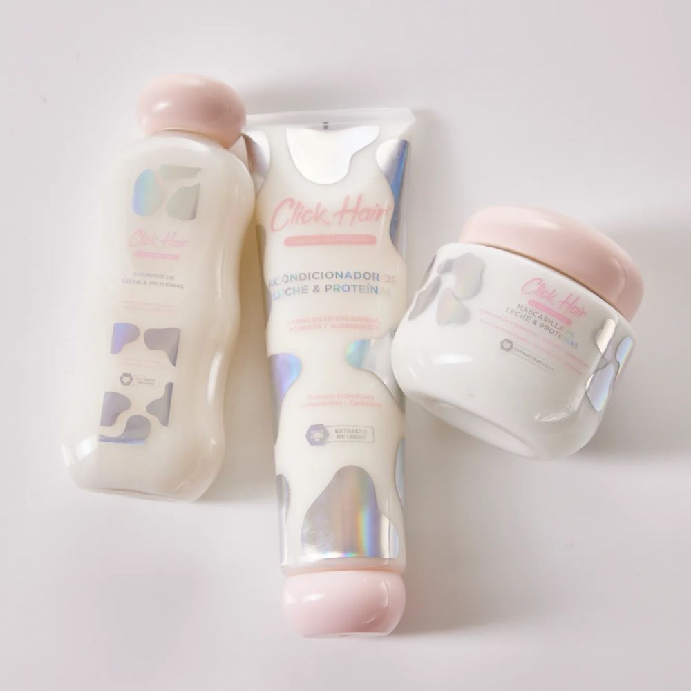 Click Hair Kit Capilar Rescate Total  Leche y Proteinas - Shampoo, Acondicionador, Mascarilla y Booster (4 pack)