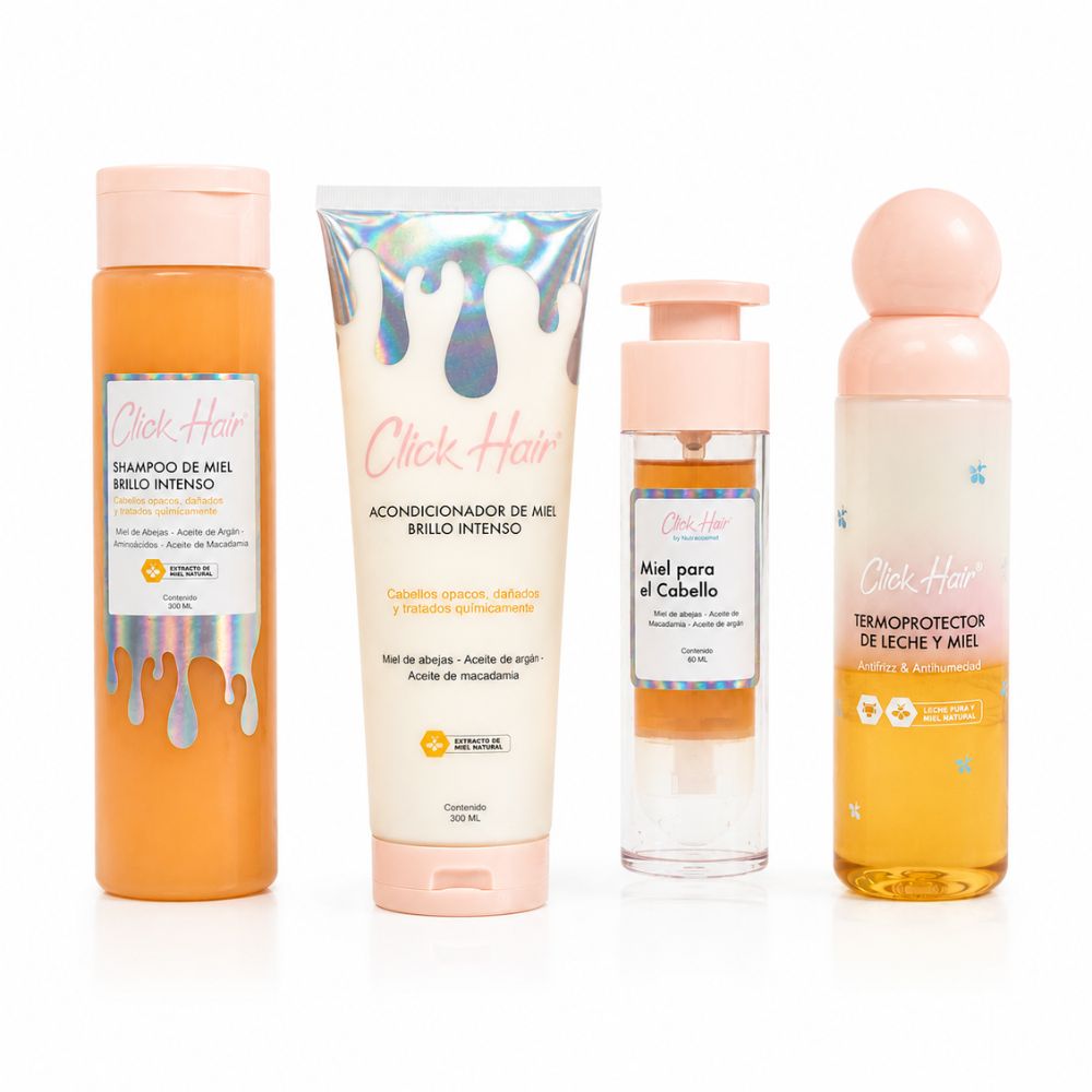 Click Hair Shampoo de Miel + Acondicionador de Miel + Miel Para el cabello + Termoprotector Bifasico (4 pack)