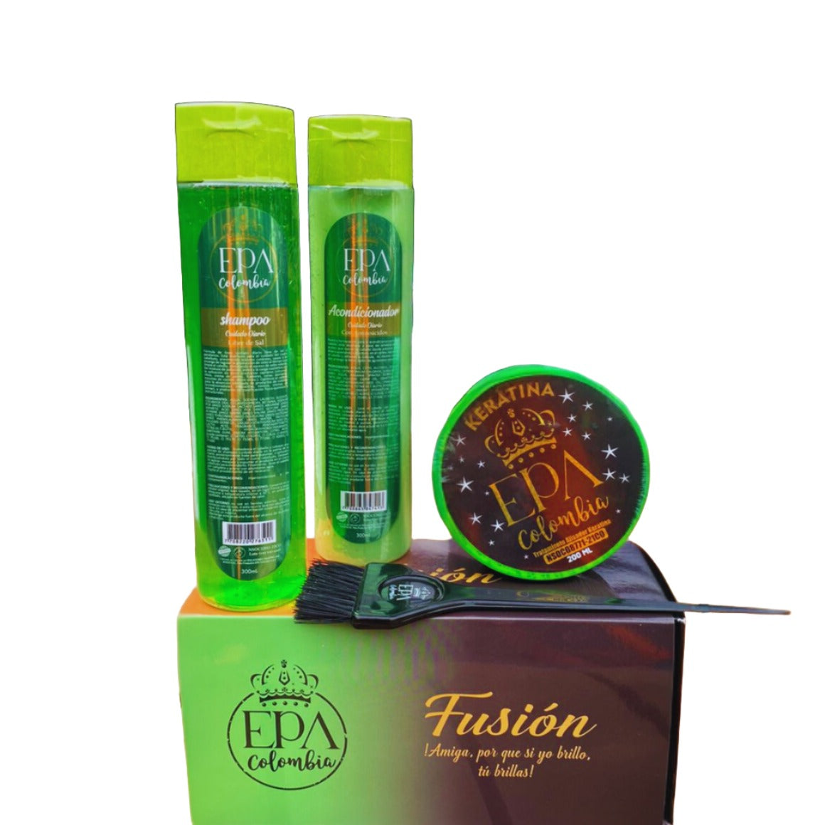 Epa colombia combo fusion keratina / 1 sachet Anti-Residuos + 1 shampoo x 300ml + 1 acondicionador x 300ml + 1 porcion x 200 ml de Tratamiento alisador (Keratina) + 1 brocha de aplicacion.