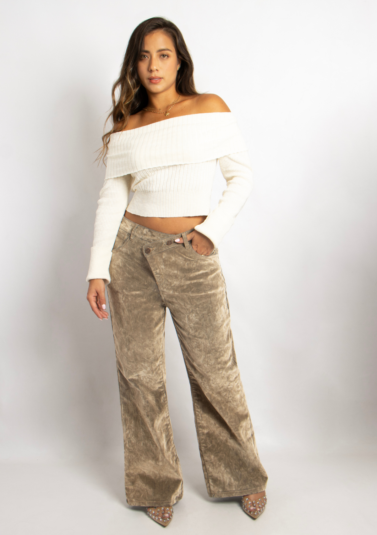 Joy Staz Colombian Jeans Wide Leg Velvet Terciopelo con Pretina Asimetrica 716005 Jeans Colombianos