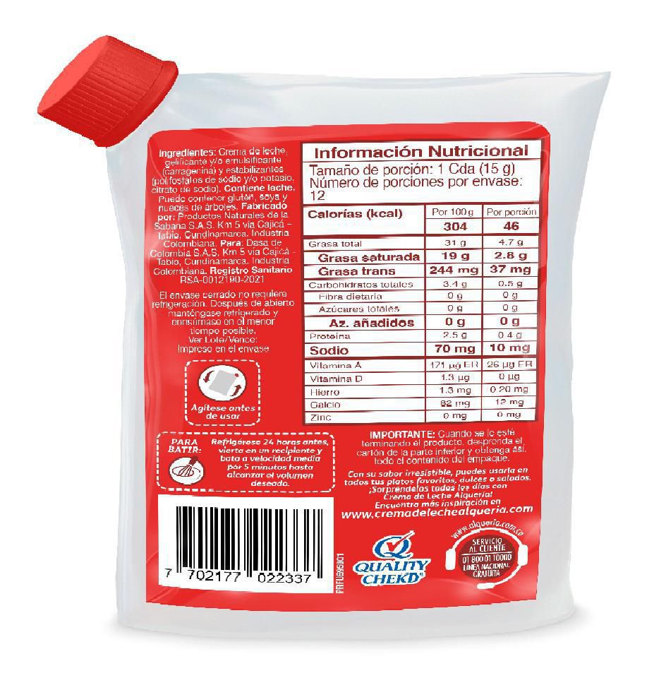 Alqueria Crema de leche semientera x 180gr