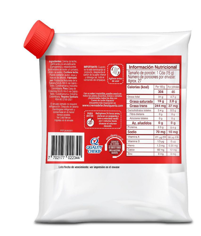 Alqueria Crema de leche semientera x 400gr