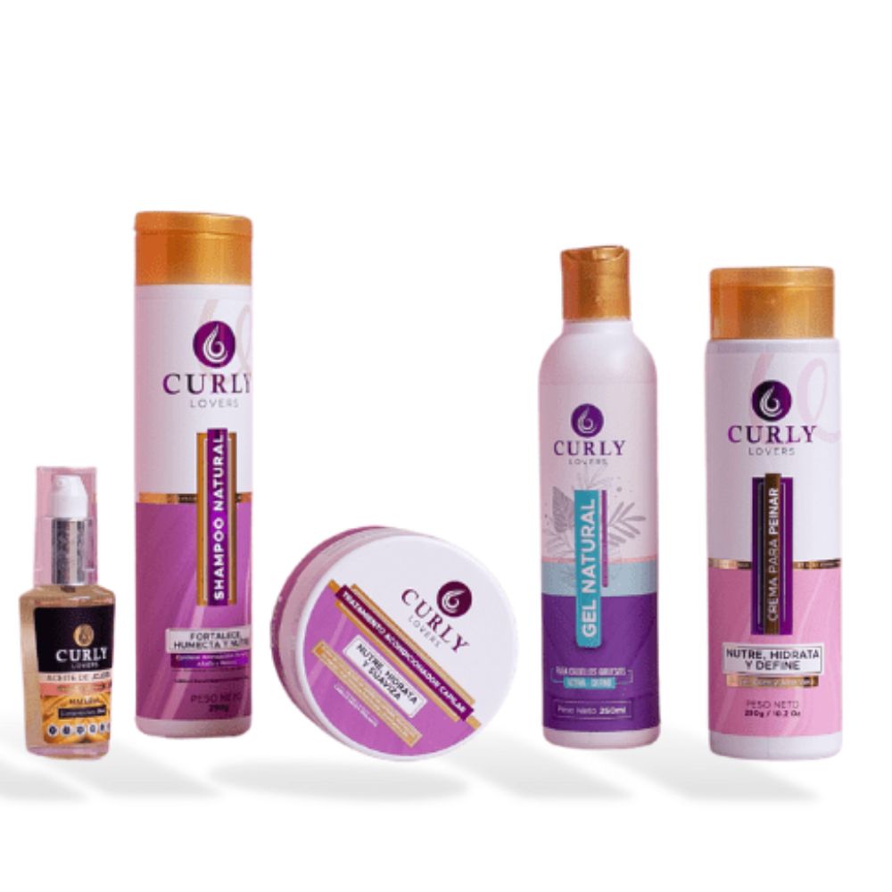 Curly Lovers Shampoo, Tratamiento, Gel Natural para cabello delgado, Crema peinar, Aceite de Jojoba  kit Love para cabello delgado (5 Pack)