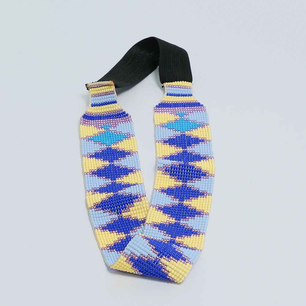 Balaca Artesanal Tejida en Mostacilla – Diseño Geometrico Azul y Amarillo D5-01