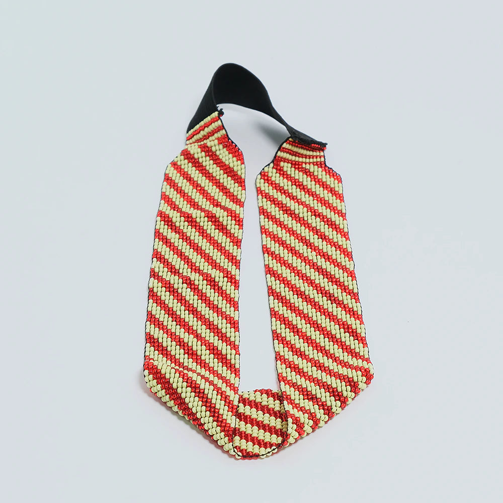 Balaca Premium Coral Stripes Beads de Chaquira Artesanal | Accesorio Etnico Rayas Rojo y Beige Hecho a Mano D5-05