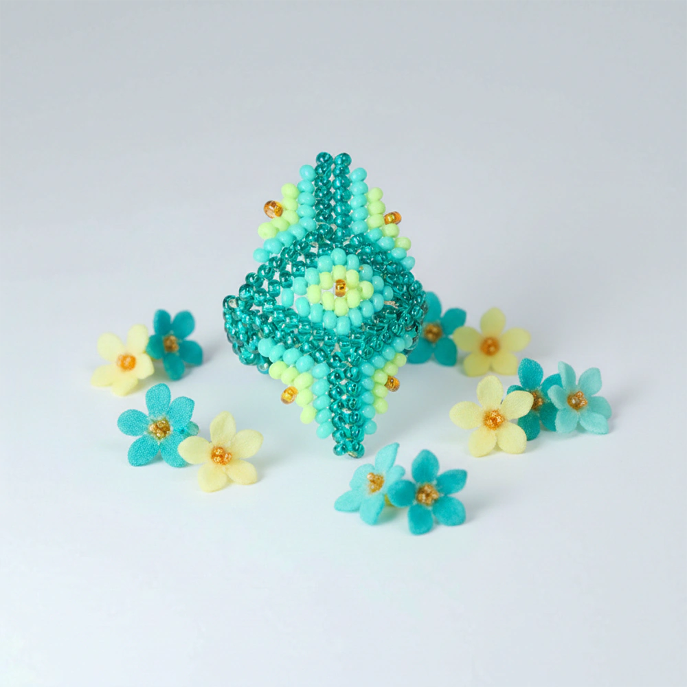 Anillo Aqua Blossom Bordado en Mostacillas Verdes y Flor Elegante D7-03