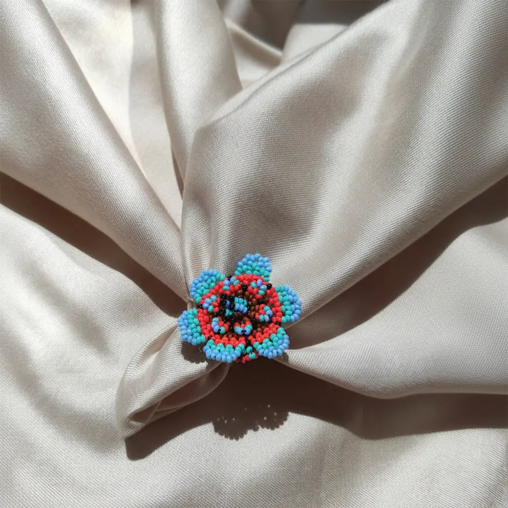 Anillo Premium Flor Coral Turquesa en Mostacilla Artesanal Boho Chic Ajustable D8-02