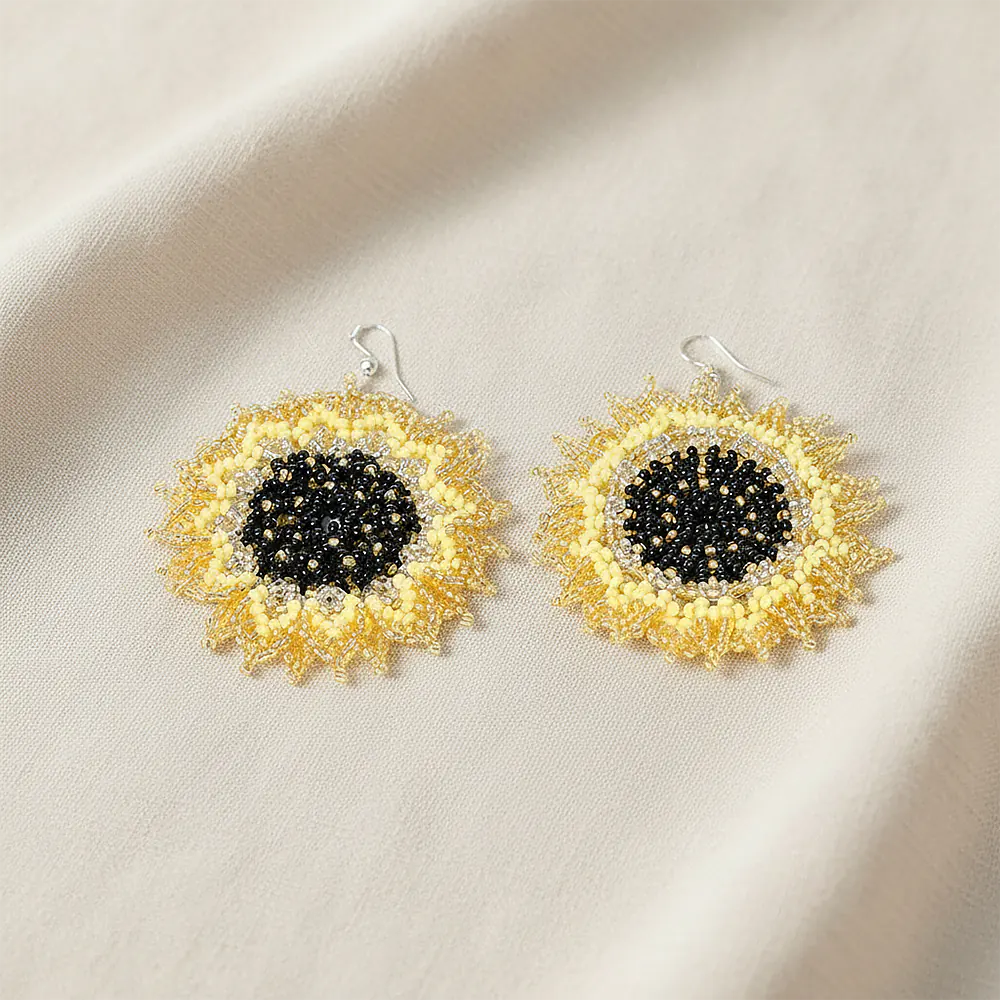 Aretes Premium Golden Sun Bloom en Mostacilla Artesanal Elegante D9-02