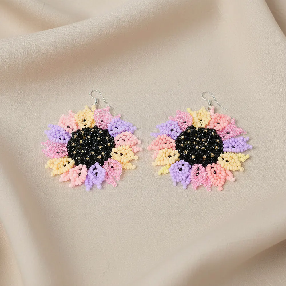 Aretes Premium Pastel Sunflower Bloom en Mostacilla Artesanal Elegante D9-05