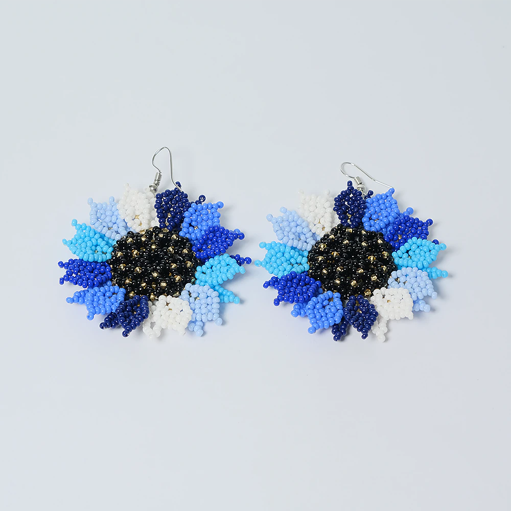 Aretes Premium Blue Eclipse Sunflower en Mostacilla Hechos a Mano D9-09