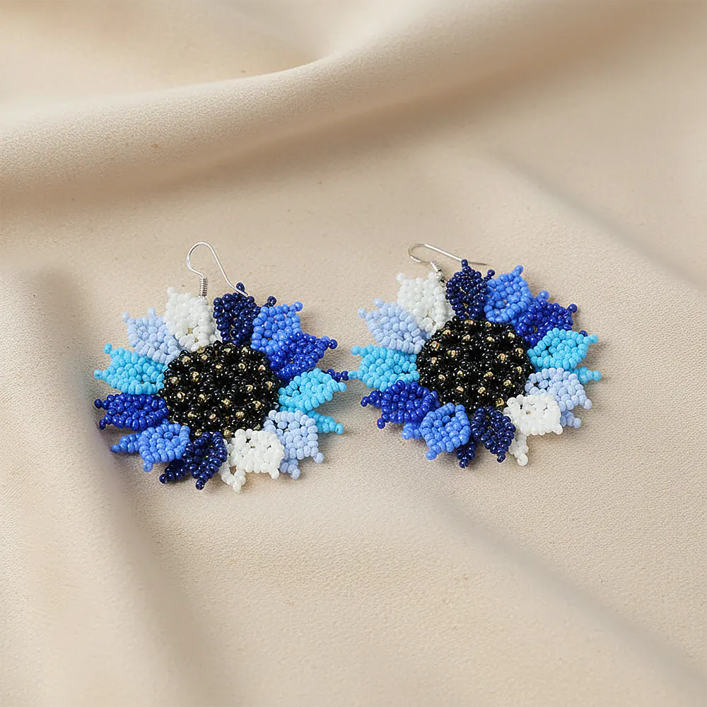 Aretes Premium Blue Eclipse Sunflower en Mostacilla Hechos a Mano D9-09