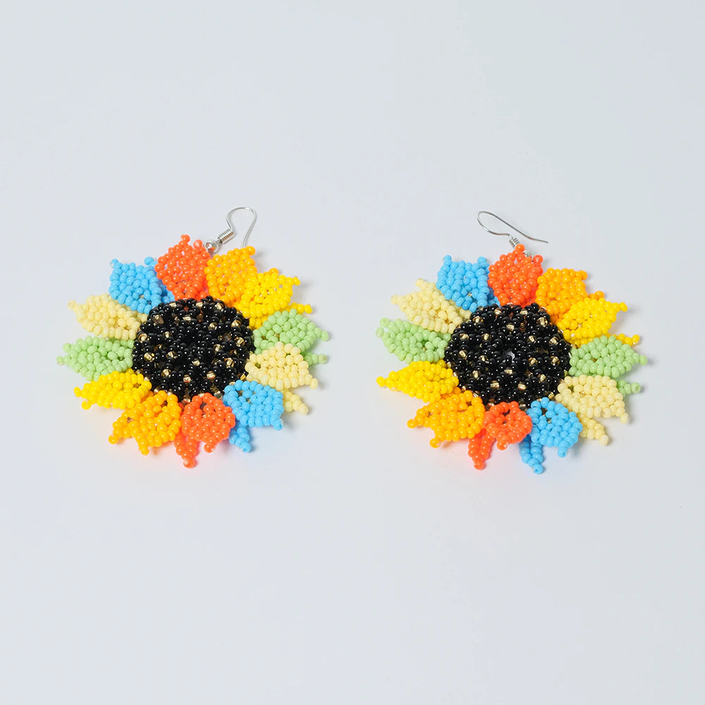 Aretes Premium Rainbow Sunflower en Mostacilla Hechos a Mano Statement Floral D9-10