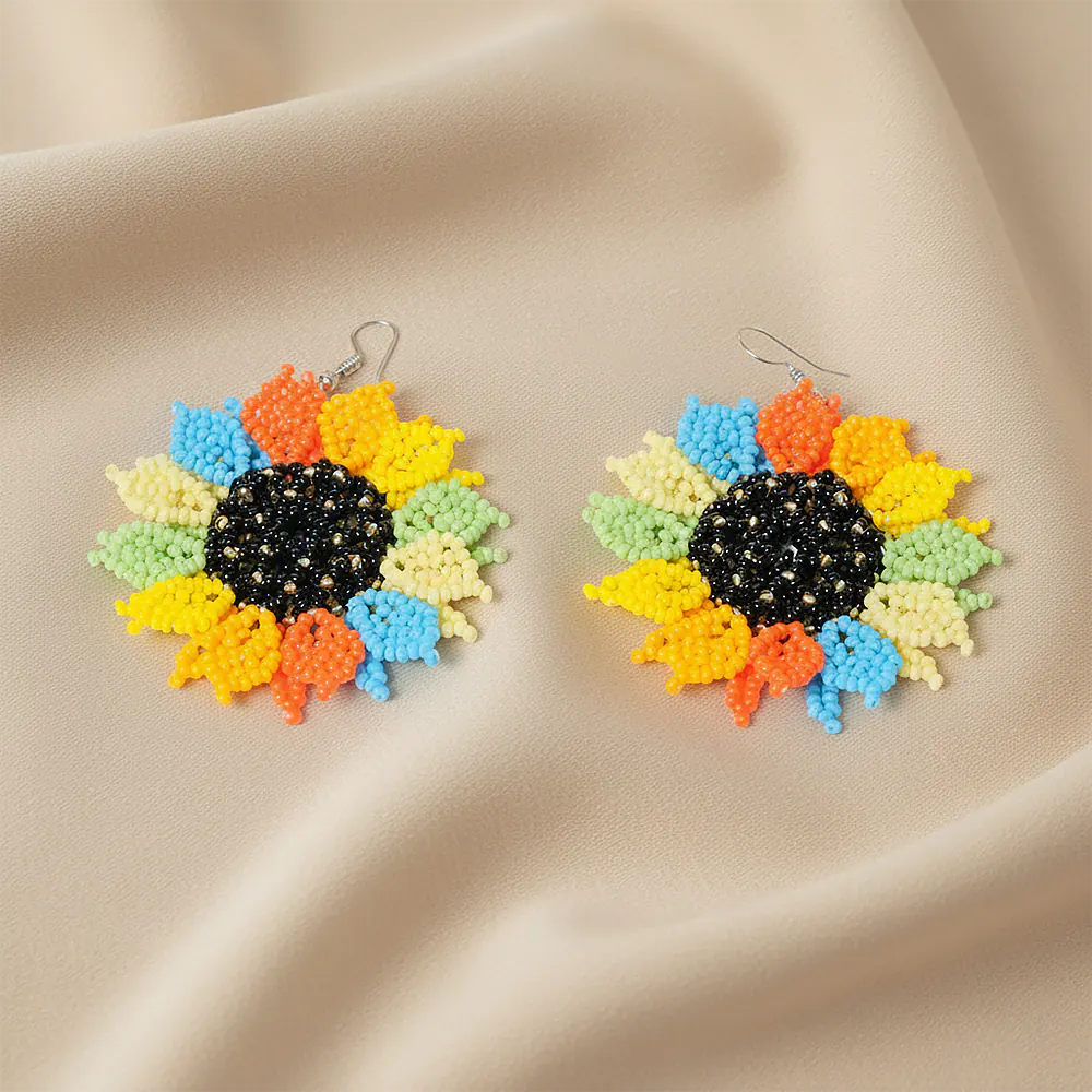 Aretes Premium Rainbow Sunflower en Mostacilla Hechos a Mano Statement Floral D9-10