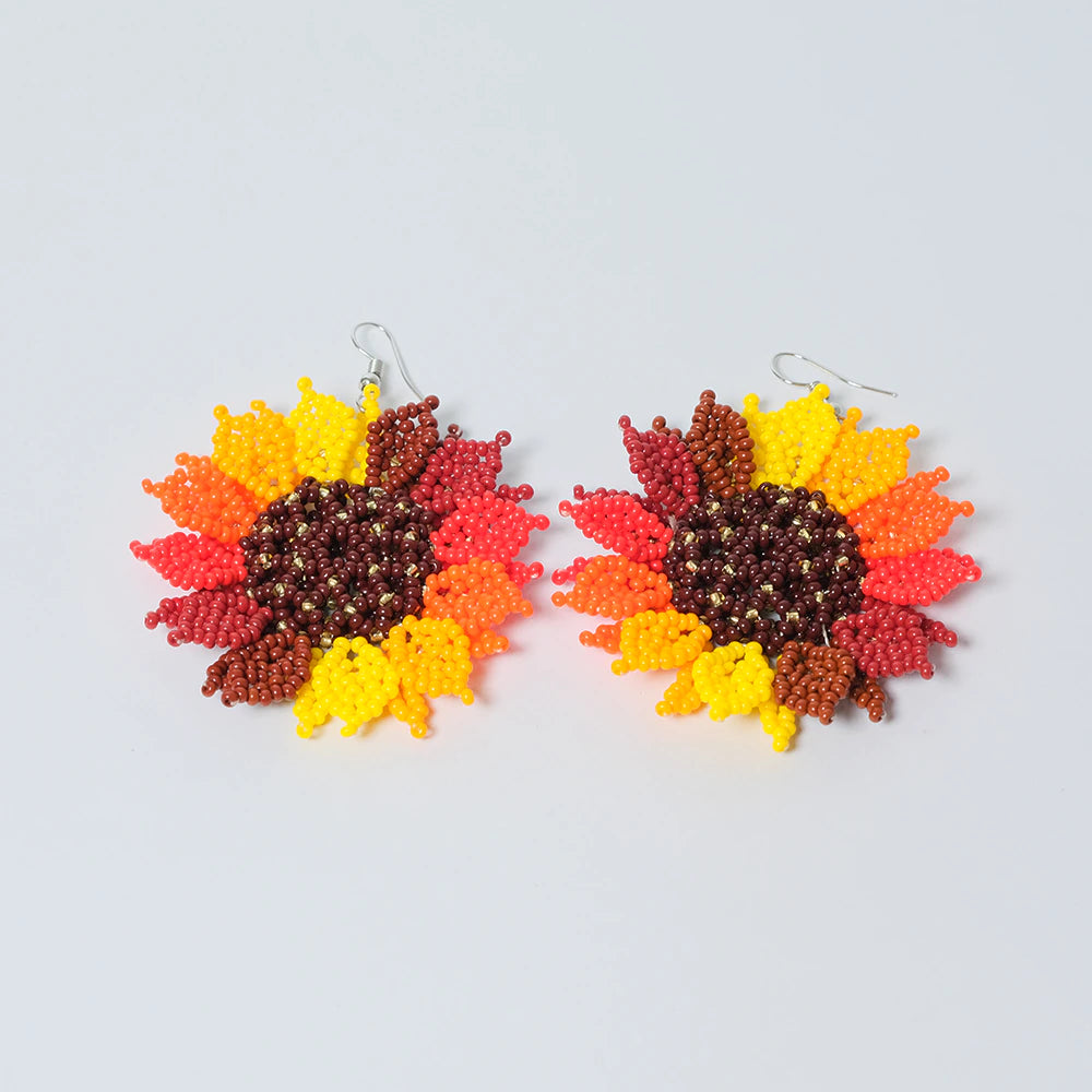 Aretes Premium Sunset Sunflower en Mostacilla Hechos a Mano Statement Floral D9-11
