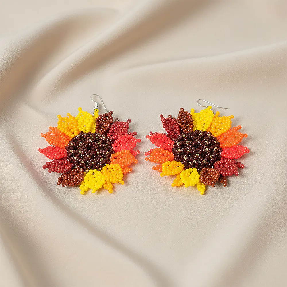 Aretes Premium Sunset Sunflower en Mostacilla Hechos a Mano Statement Floral D9-11