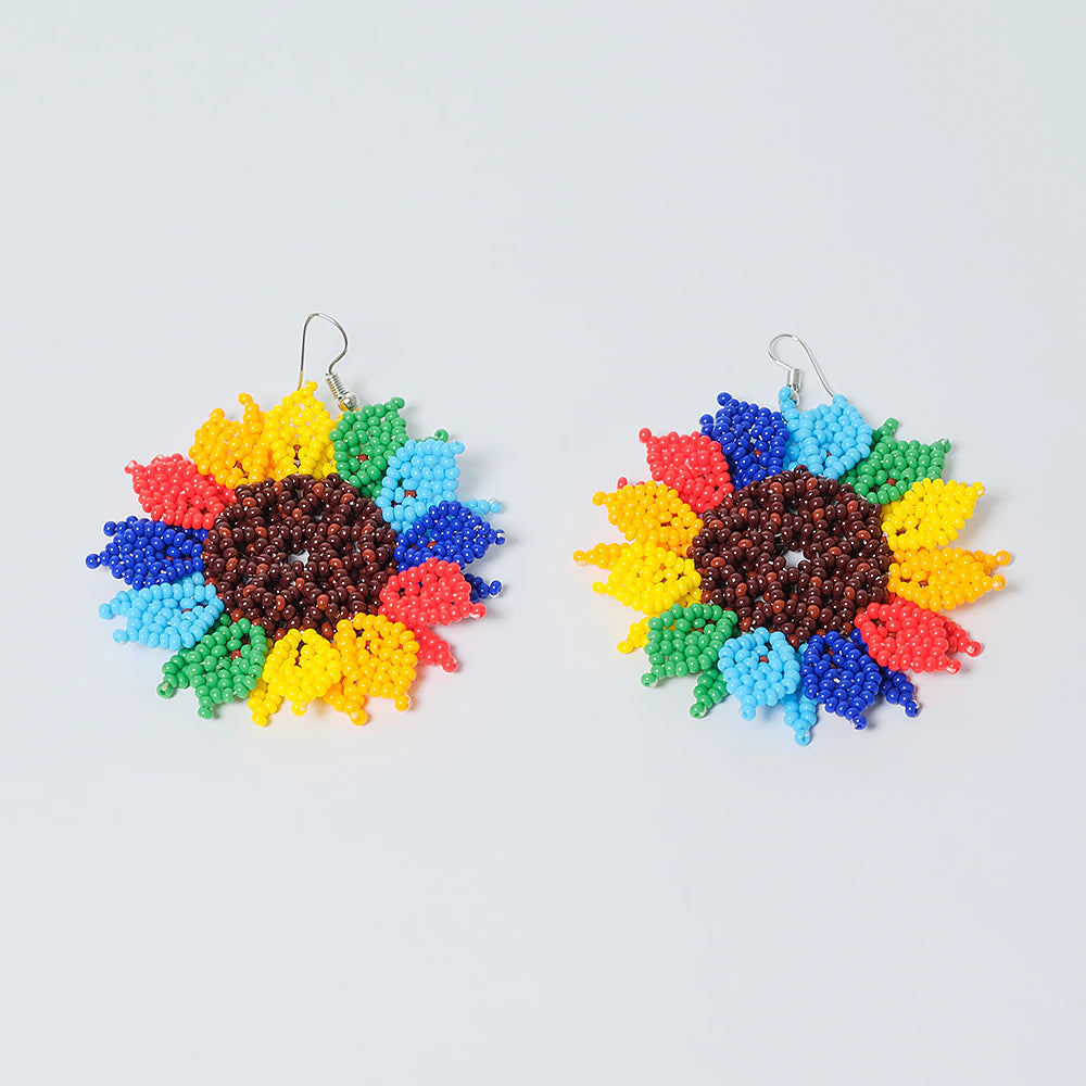 Aretes Premium Rainbow Sunflower en Mostacilla Hechos a Mano Statement Floral Colorido D9-12
