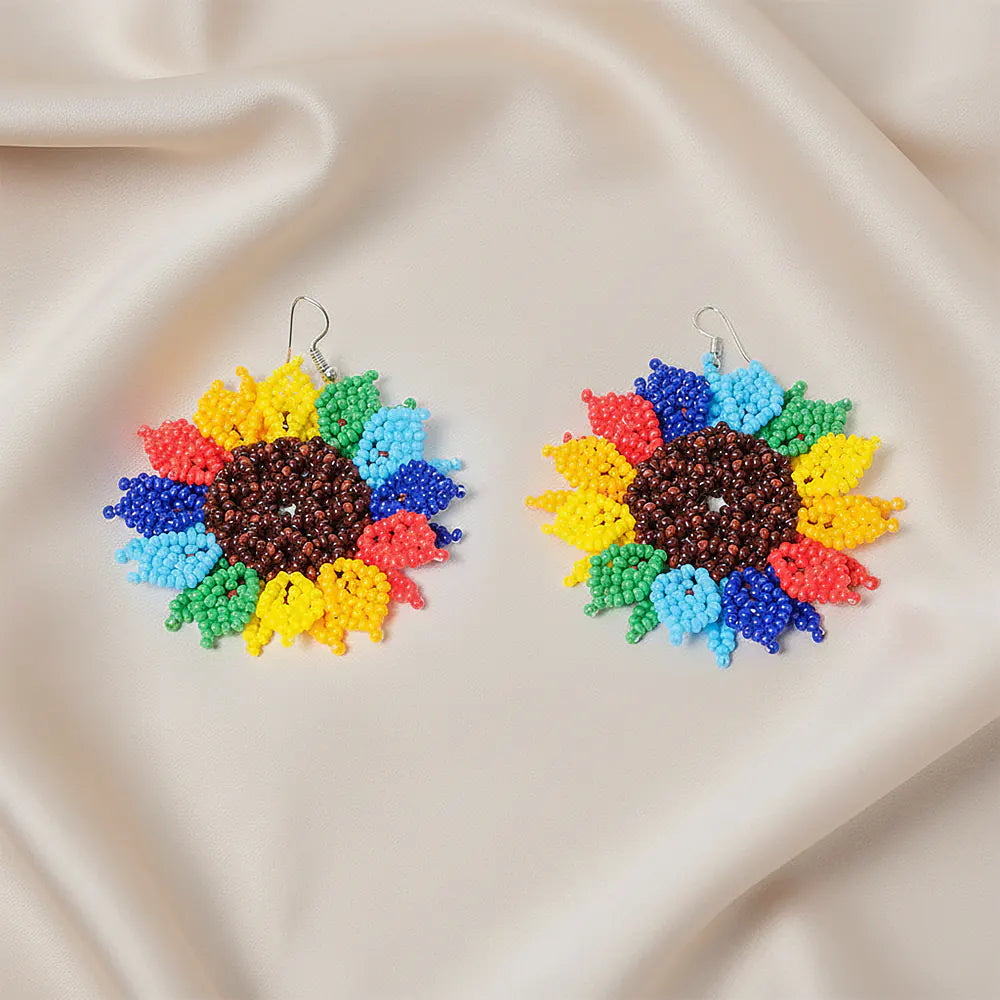Aretes Premium Rainbow Sunflower en Mostacilla Hechos a Mano Statement Floral Colorido D9-12