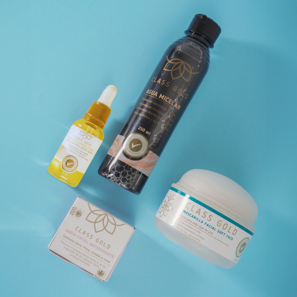 Class gold kit cosmetics (4 pack) class gold tonico aclarante facial x 25ml class gold mascarilla facial soft face x 120ml class gold jabon facial antioxidante x 32gr class gold agua micelar x 250