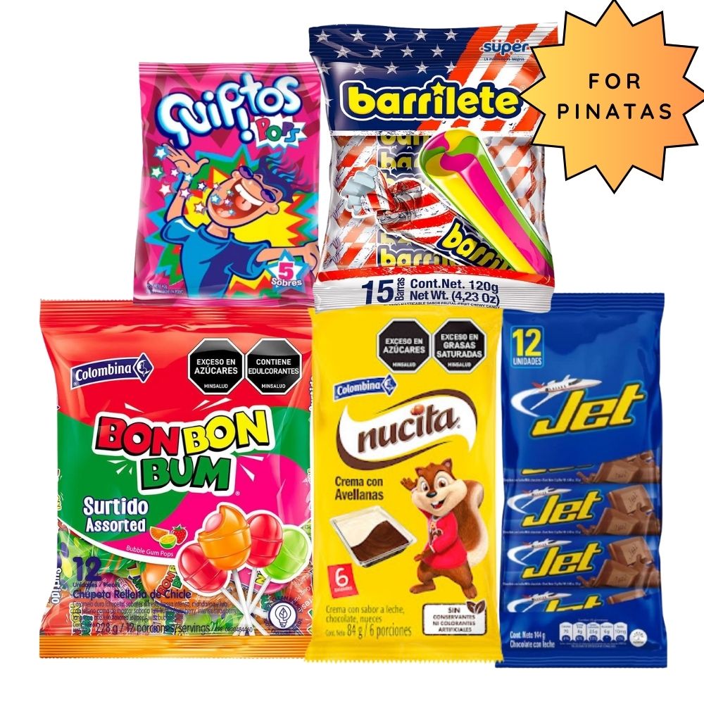 Dulces colombianos kit (BomBomBum Surtido x12 unidades + Quipitos x 5 Un + Nucita x 6 Un + barriletes bolsa x120gr + chocolatinas jet x12uni)