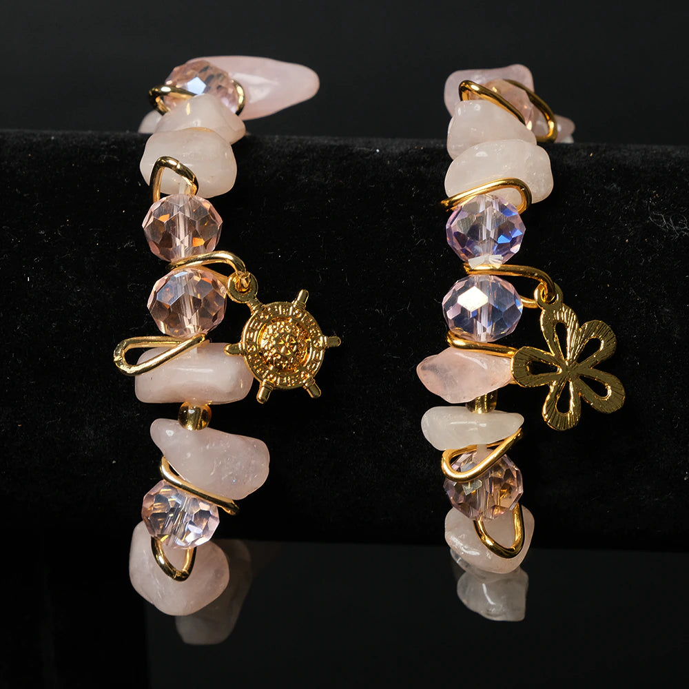 Pulsera Rose Bloom con Cuarzo Rosa, Cristales y Dijes Dorados E3-12