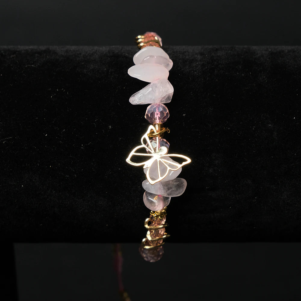 Pulsera Rose Flutter con Piedras Rosadas y Mariposa Dorada E5-11