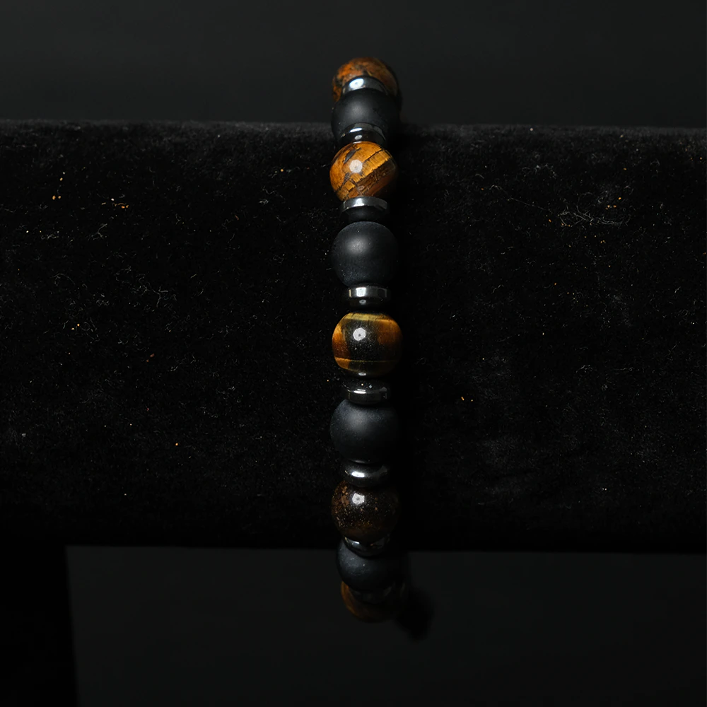 Pulsera Tiger Onyx de Piedras Negras y Ojo de Tigre Elegante E8-01