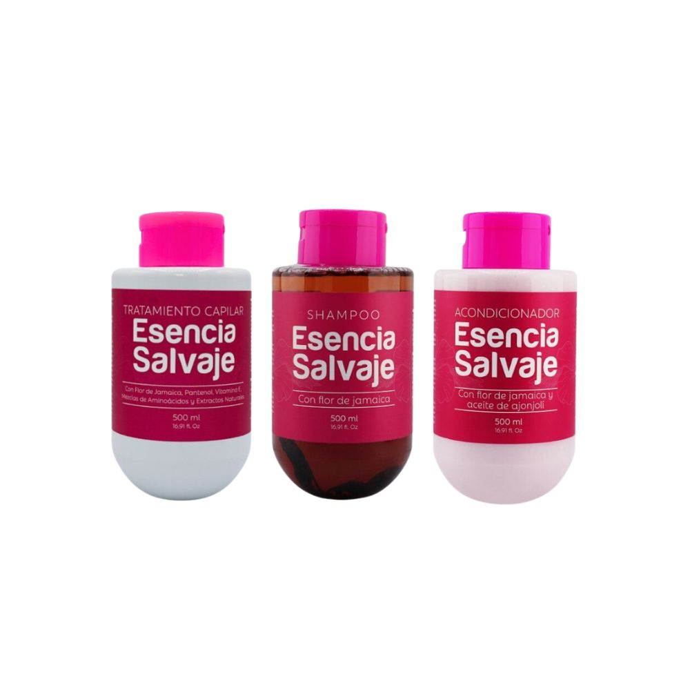 Esencia Salvaje Shampoo de Flor de Jamaica , Acondicionador de Flor de Jamaica y Tratamiento Flor de Jamaica   (3 Pack)