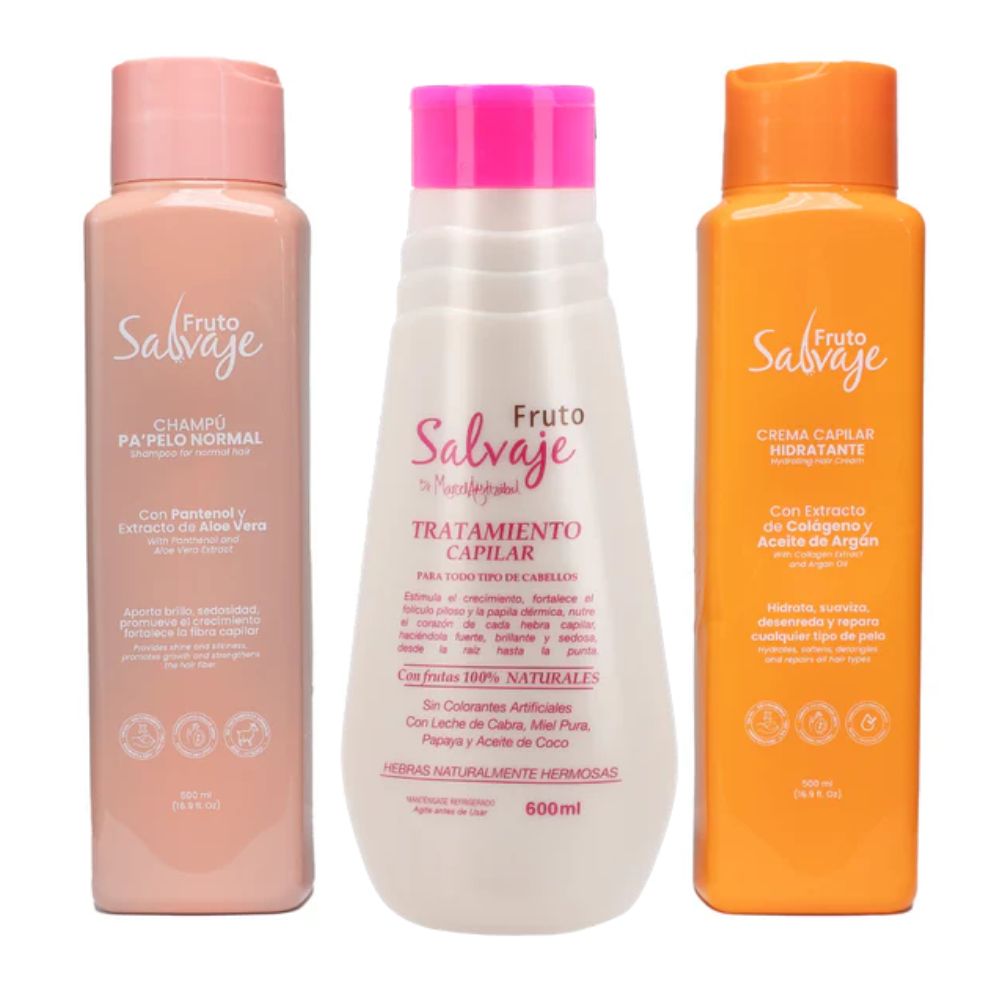 Fruto Salvaje Shampoo Amber Primavera, Fruto Salvaje Crema Capilar Otono Naranja y Fruto Salvaje Tratamiento Capilar  (3 pack) Nueva Presentacion