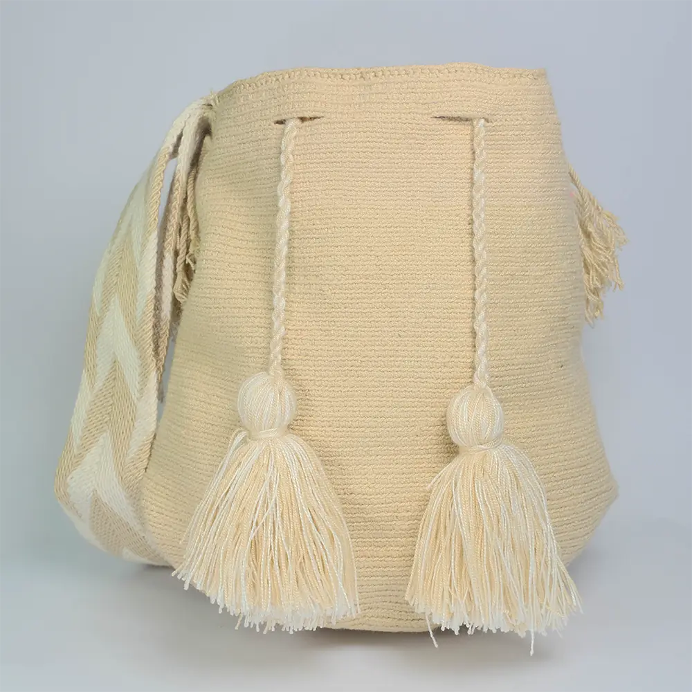 Mochila Tradicional Lisa Wayuu Ivory Chevron Tejida Artesanal G5-06
