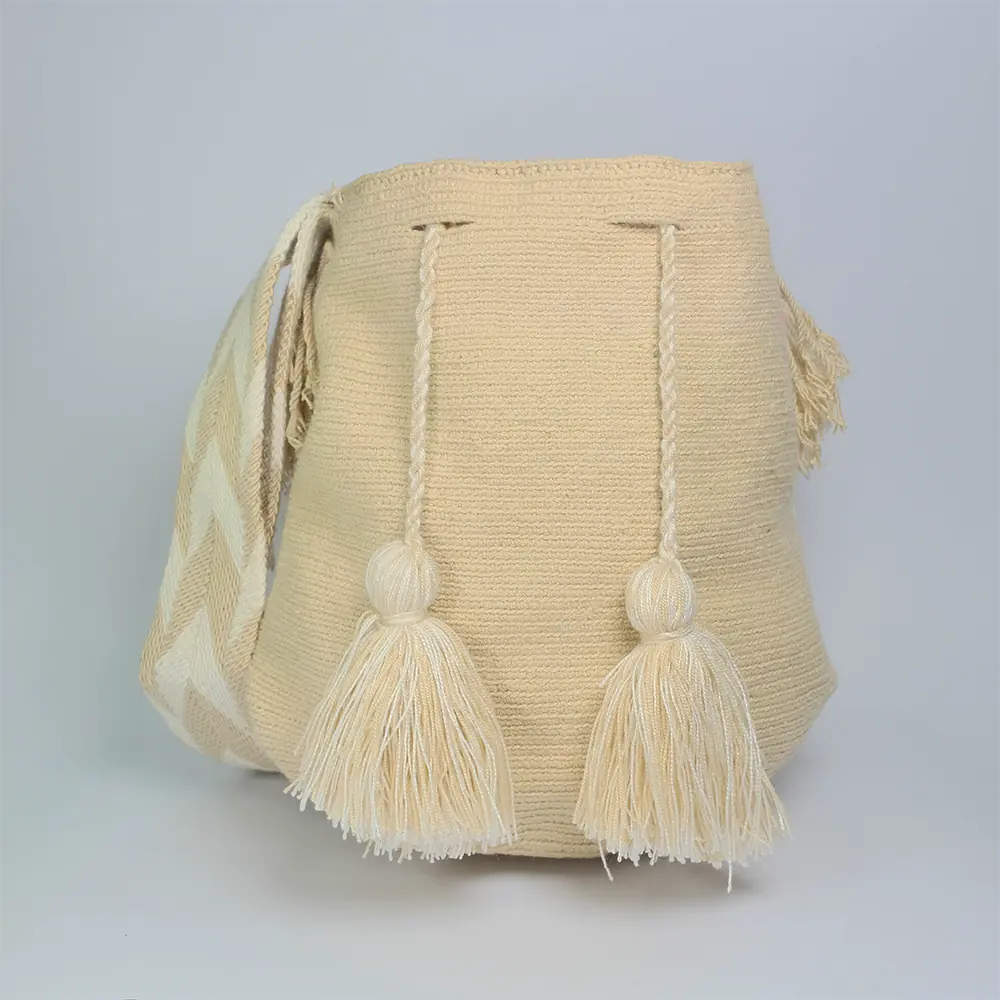 Mochila Tradicional Lisa Wayuu Ivory Chevron Tejida Artesanal G5-06