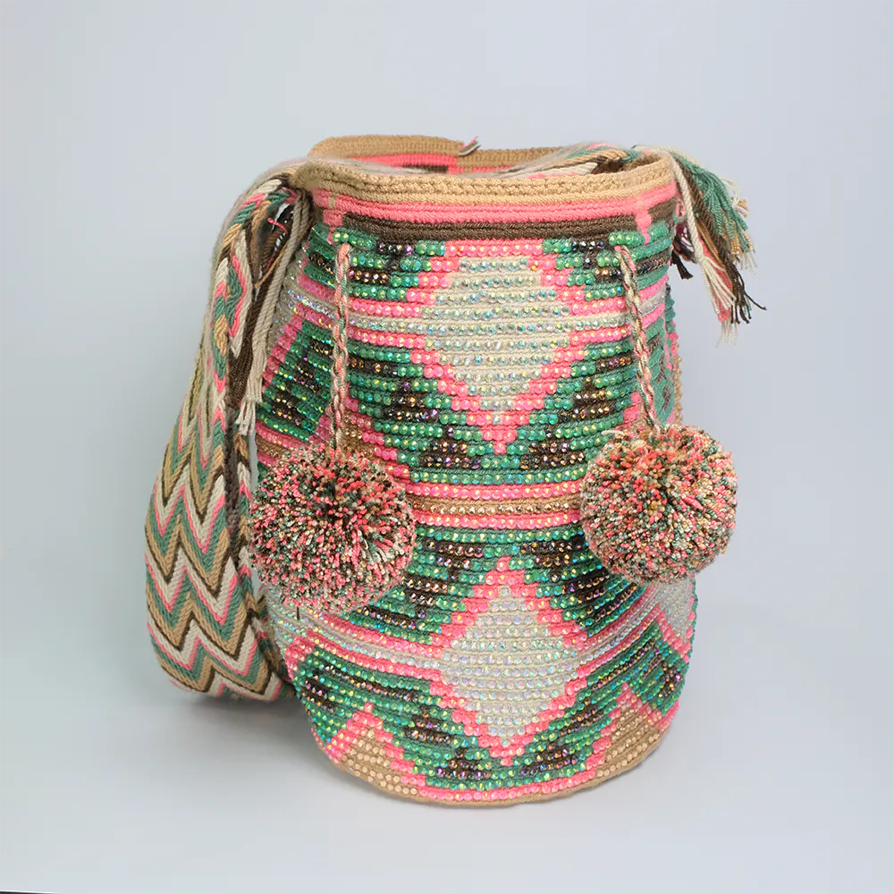 Mochila Wayuu Murano Blossom Tejida Artesanal con Pompones G7-02