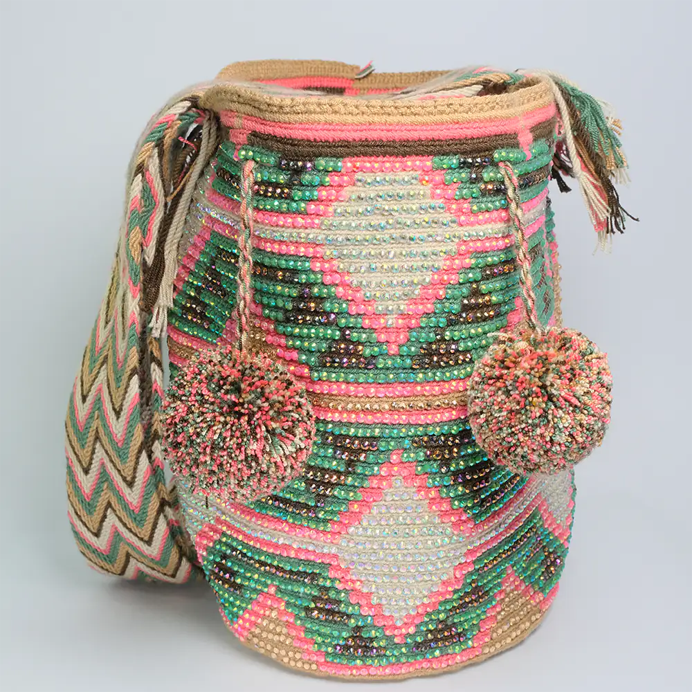 Mochila Wayuu Murano Blossom Tejida Artesanal con Pompones G7-02