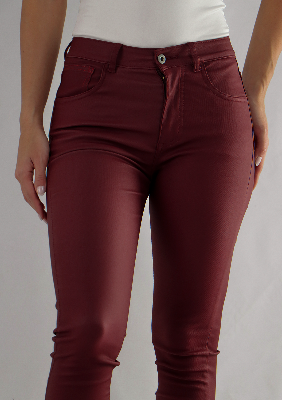 Joy Staz Colombian Jeans Skinny Efecto Cuero Vinotinto Tiro Alto REF. 115090 Jeans Colombianos