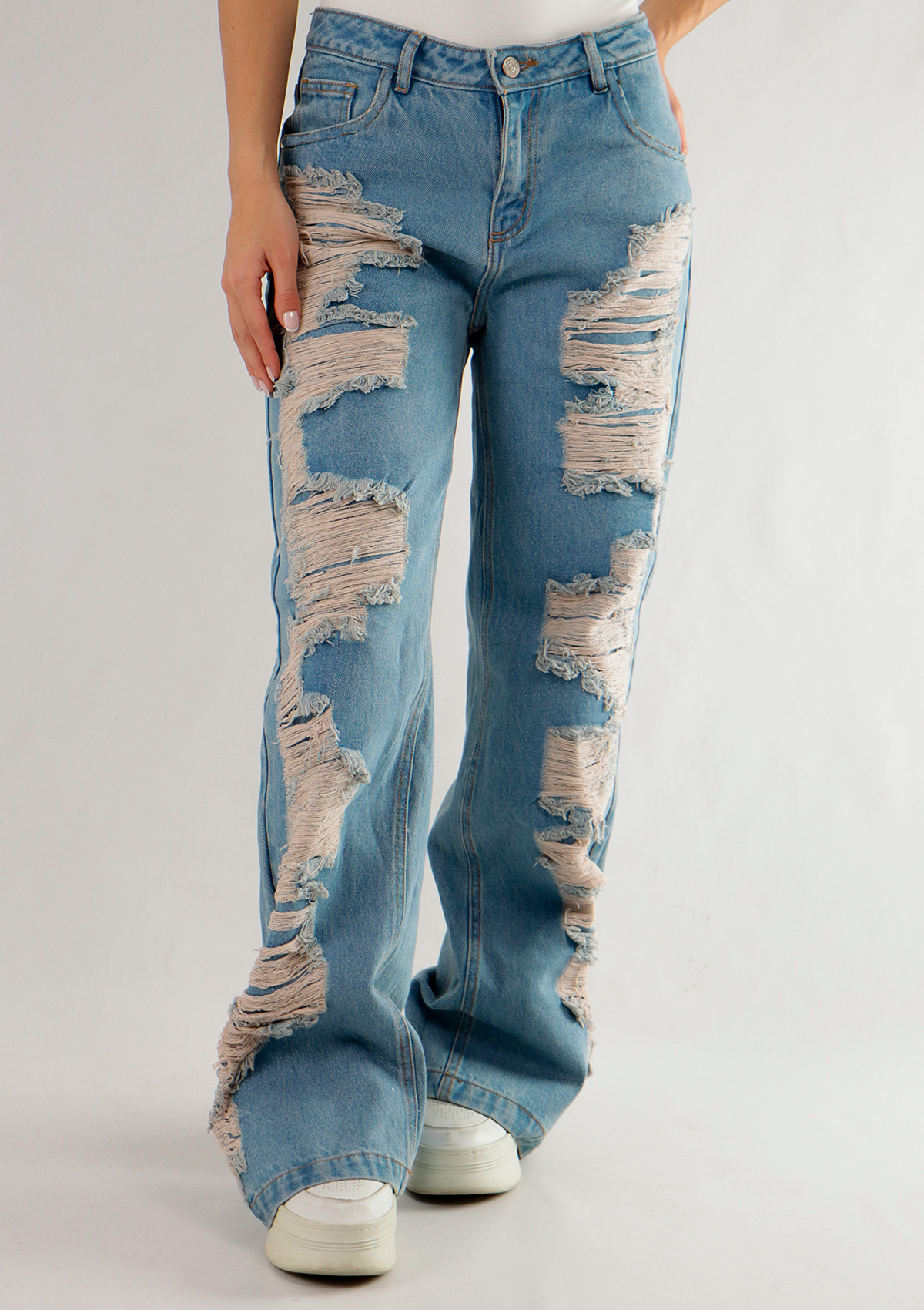 Joy Staz Colombian Jeans Pantalon Wide Leg Estilo Destroyed - Jean Azul Claro Levanta Cola Ref. 715051 Jean Colombiano