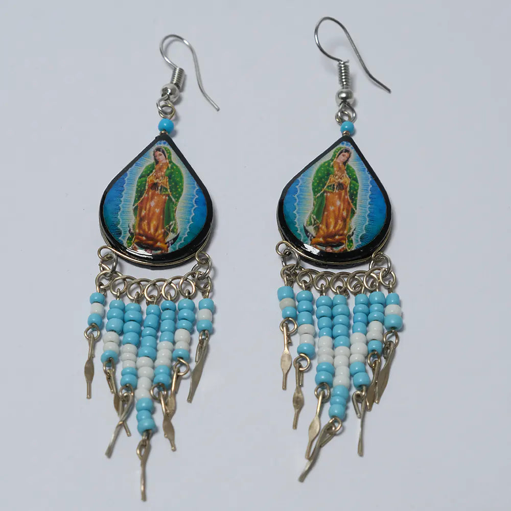 Aretes Premium Virgen de Guadalupe Azul con Chaquiras J6-04