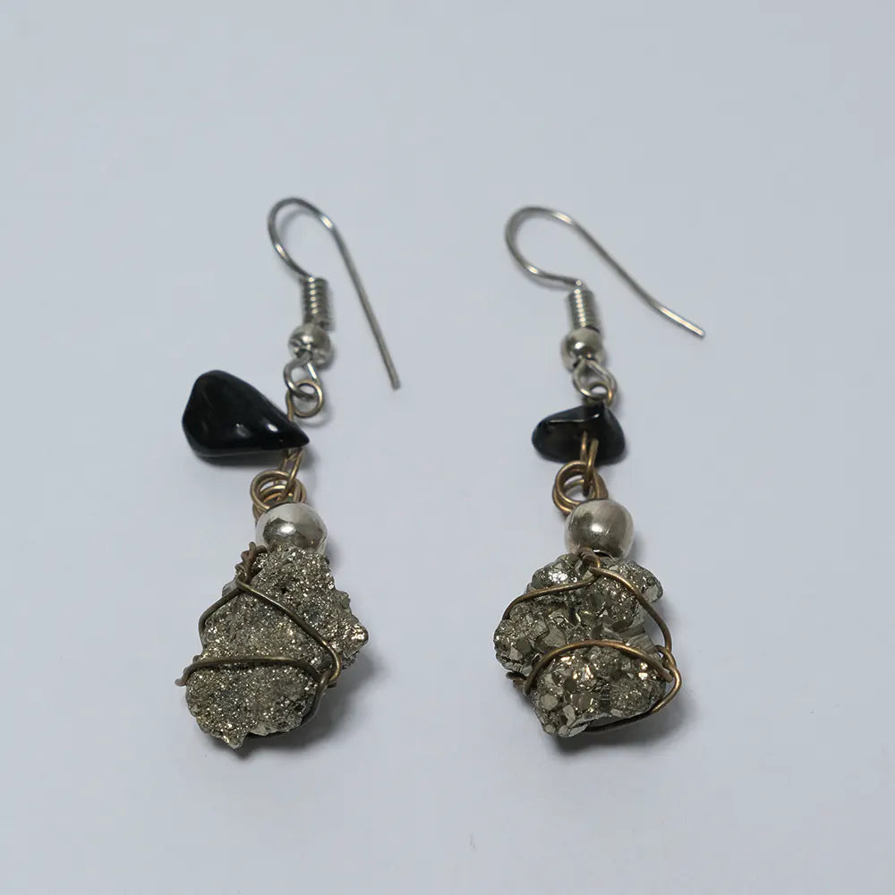 Aretes Premium Piedra Pirita Natural Colgante J7-01
